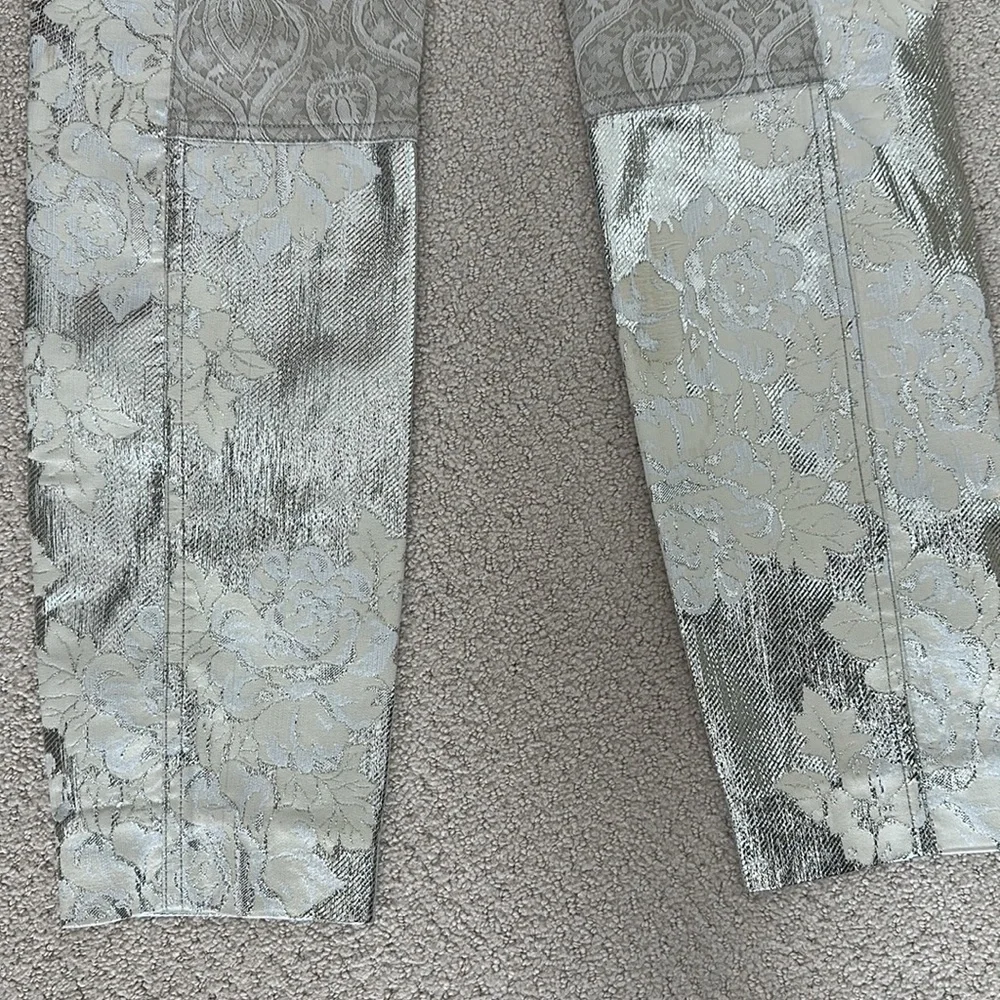 Bryan Lars Beauty Mark designer silver Lamé pants with cream and white flowers - Picture 9 of 11